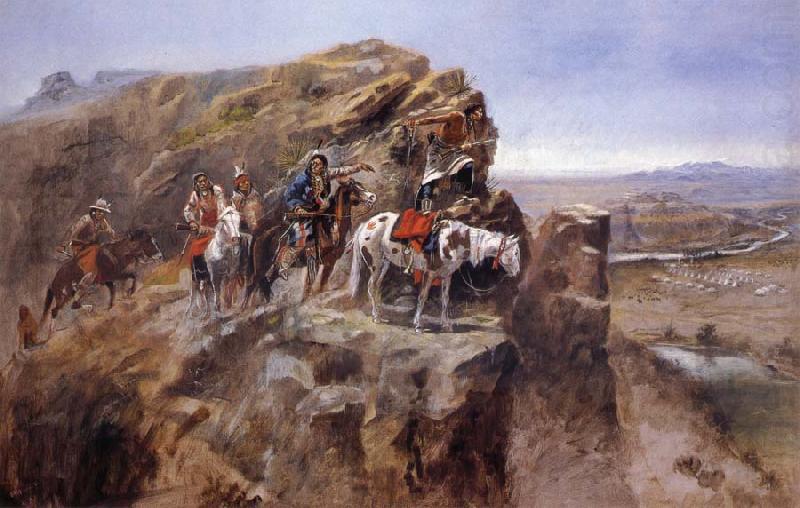 Charles M Russell Indians on a Bluff Surverying General Miles-Troops china oil painting image